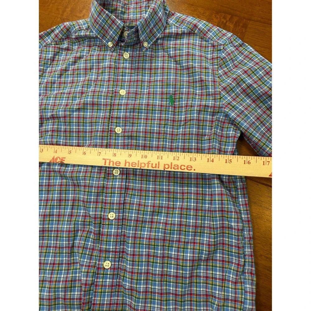 Ralph Lauren Button Down Boys M 10-12 Blue Plaid Stretch Long Sleeve Shirt